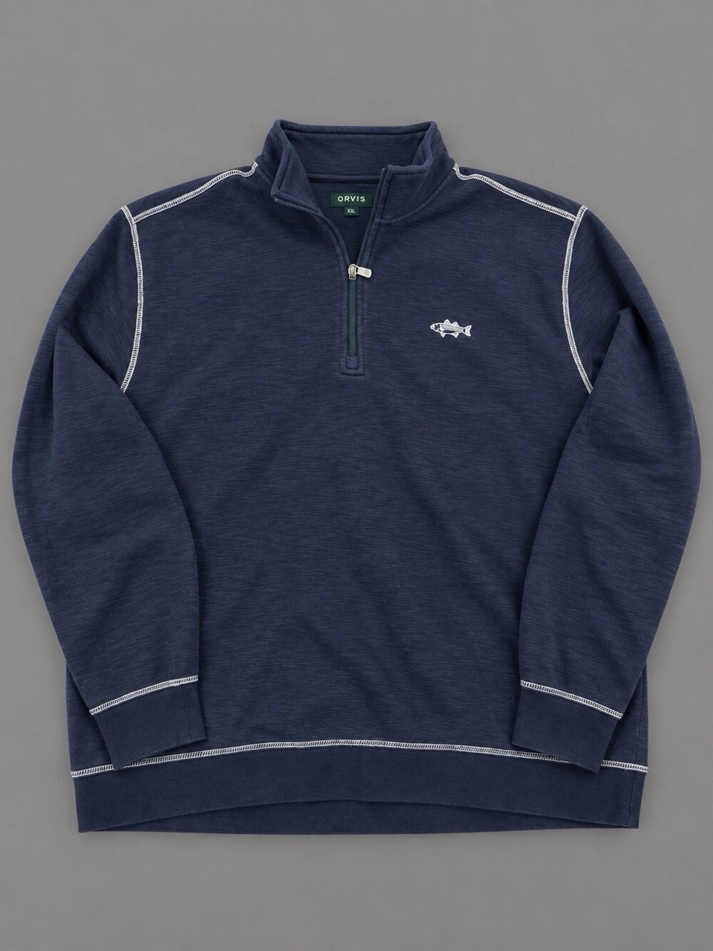 Orvis 28ZE Quarter Zip Pullover Mens XXL Navy Trout Logo Pima Cotton Tencel